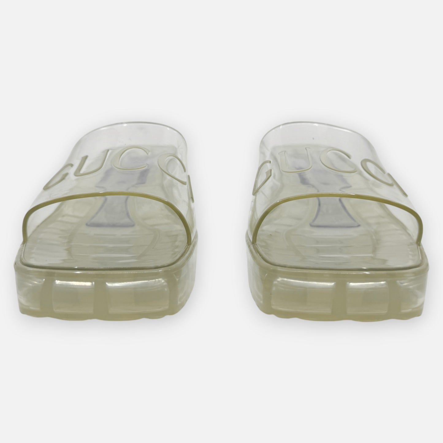 Gucci Logo Transparent Rubber Block Heel Slide Mule Shoes EU38 ~ AU7