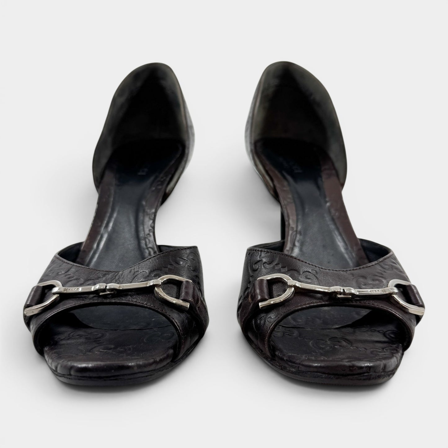 Gucci Guccissima Brown Leather Peep Toe Heeled Shoes EU38.5 ~ AU7.5