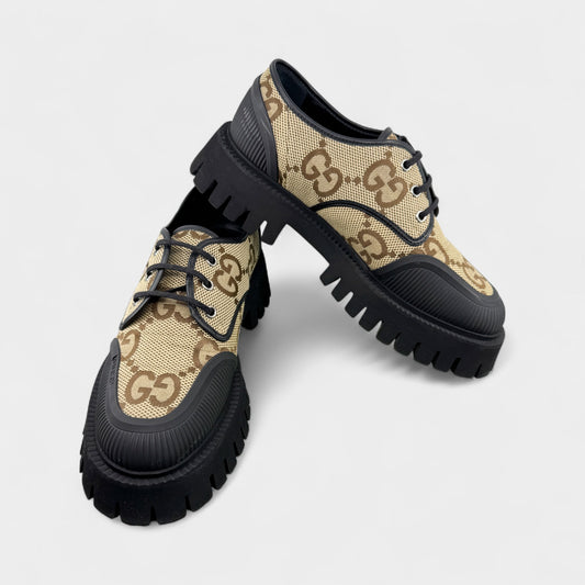 Gucci GG Maxi Supreme Camel Ebony Canvas Lace Up Shoes M7 ~ W9 ~ EU40