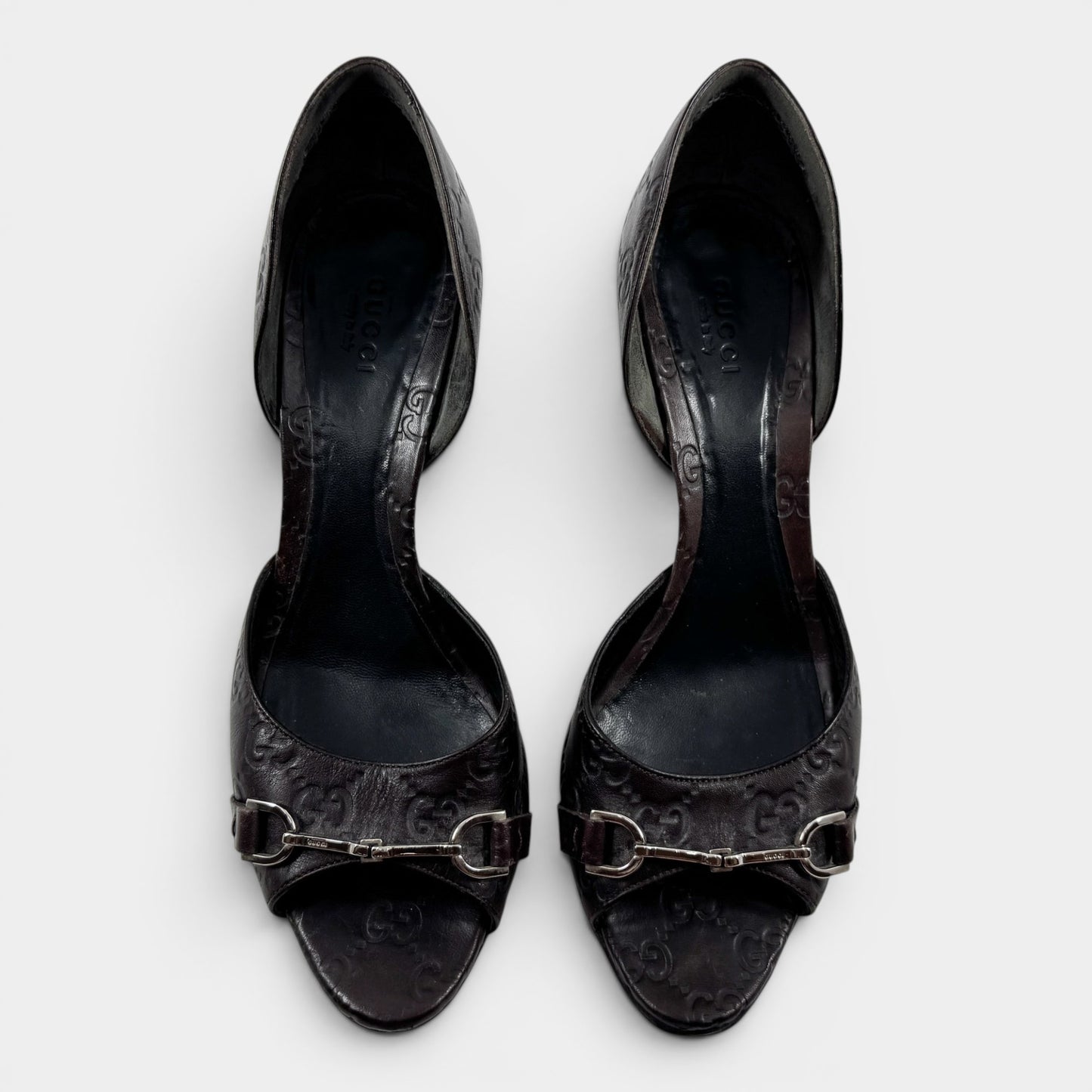 Gucci Guccissima Brown Leather Peep Toe Heeled Shoes EU38.5 ~ AU7.5