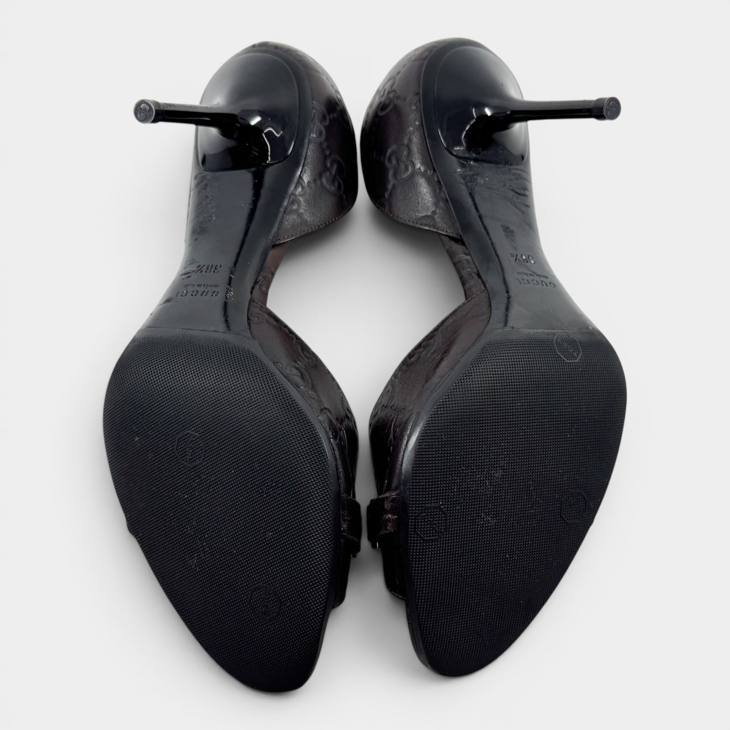 Gucci Guccissima Brown Leather Peep Toe Heeled Shoes EU38.5 ~ AU7.5