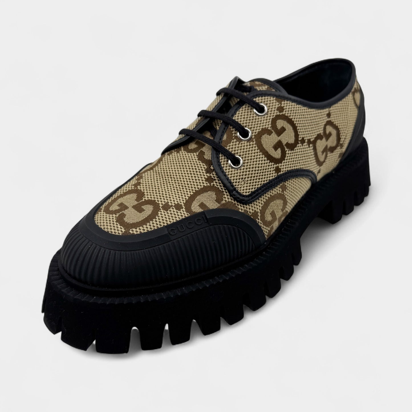 Gucci GG Maxi Supreme Camel Ebony Canvas Lace Up Shoes M7 ~ W9 ~ EU40