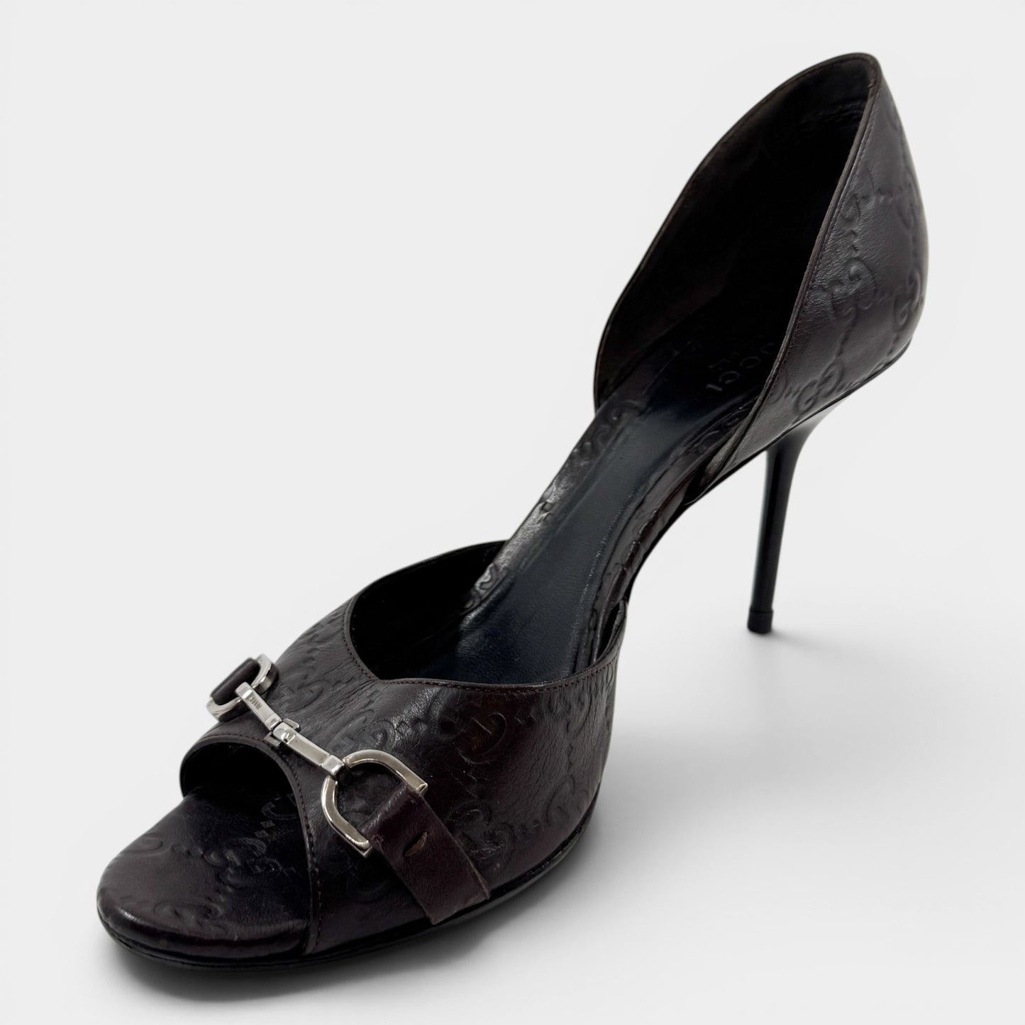 Gucci Guccissima Brown Leather Peep Toe Heeled Shoes EU38.5 ~ AU7.5