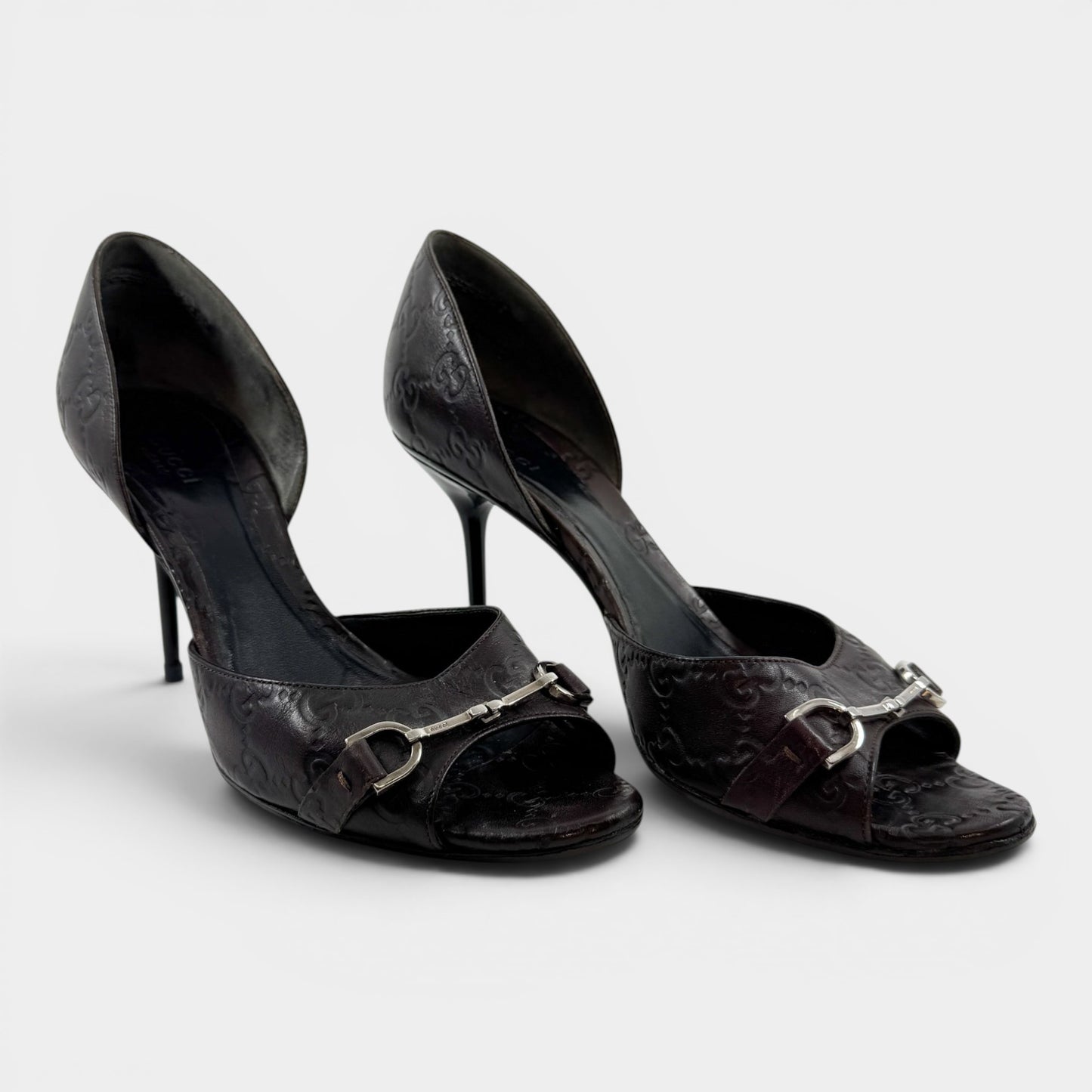 Gucci Guccissima Brown Leather Peep Toe Heeled Shoes EU38.5 ~ AU7.5
