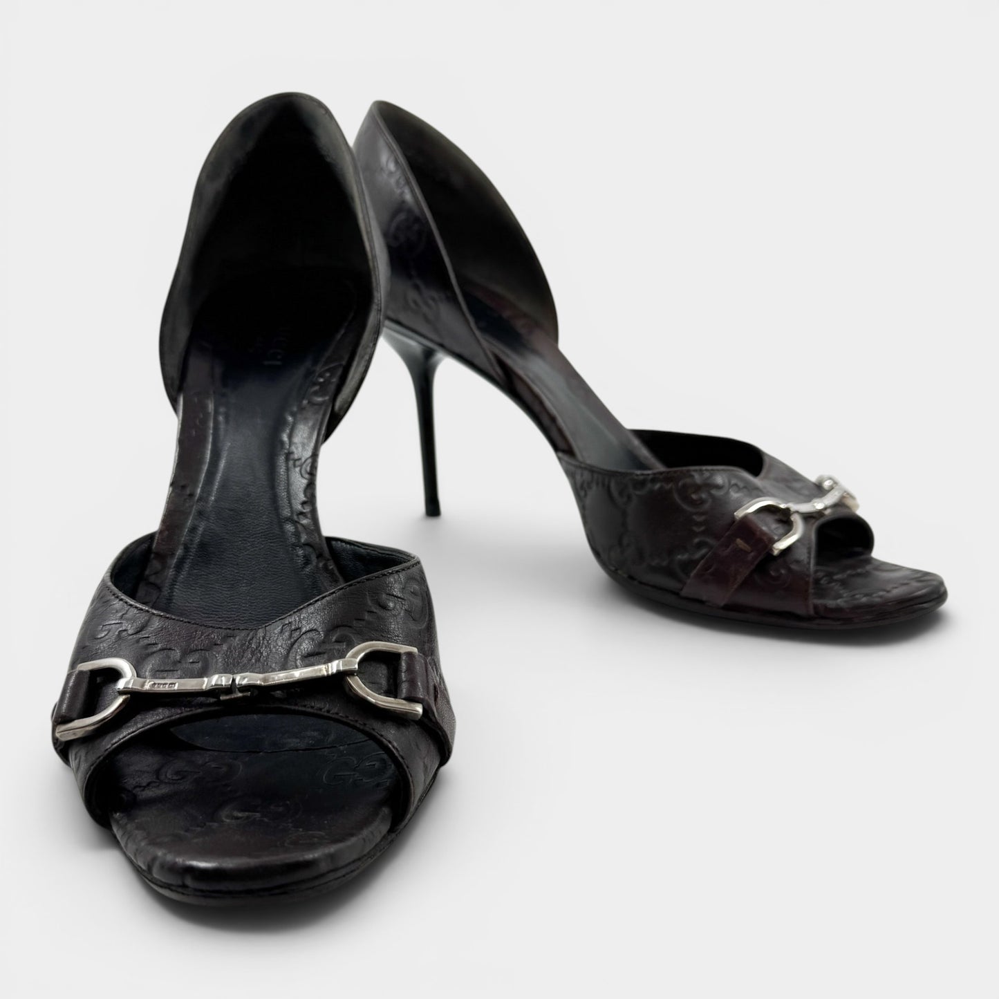 Gucci Guccissima Brown Leather Peep Toe Heeled Shoes EU38.5 ~ AU7.5