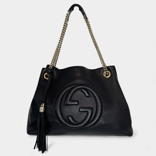 Gucci Soho Double Chain Black Leather Tote Handbag