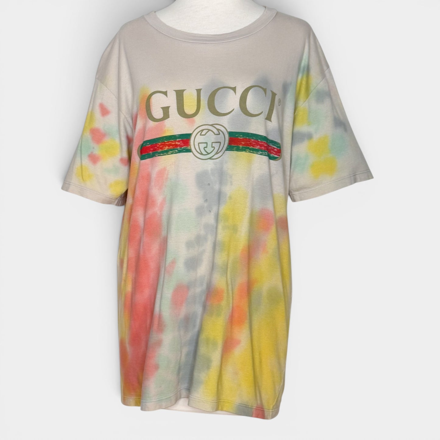 Gucci Beige Multicoloured Tie Dye Cotton Logo Tee Shirt Medium ~ Large