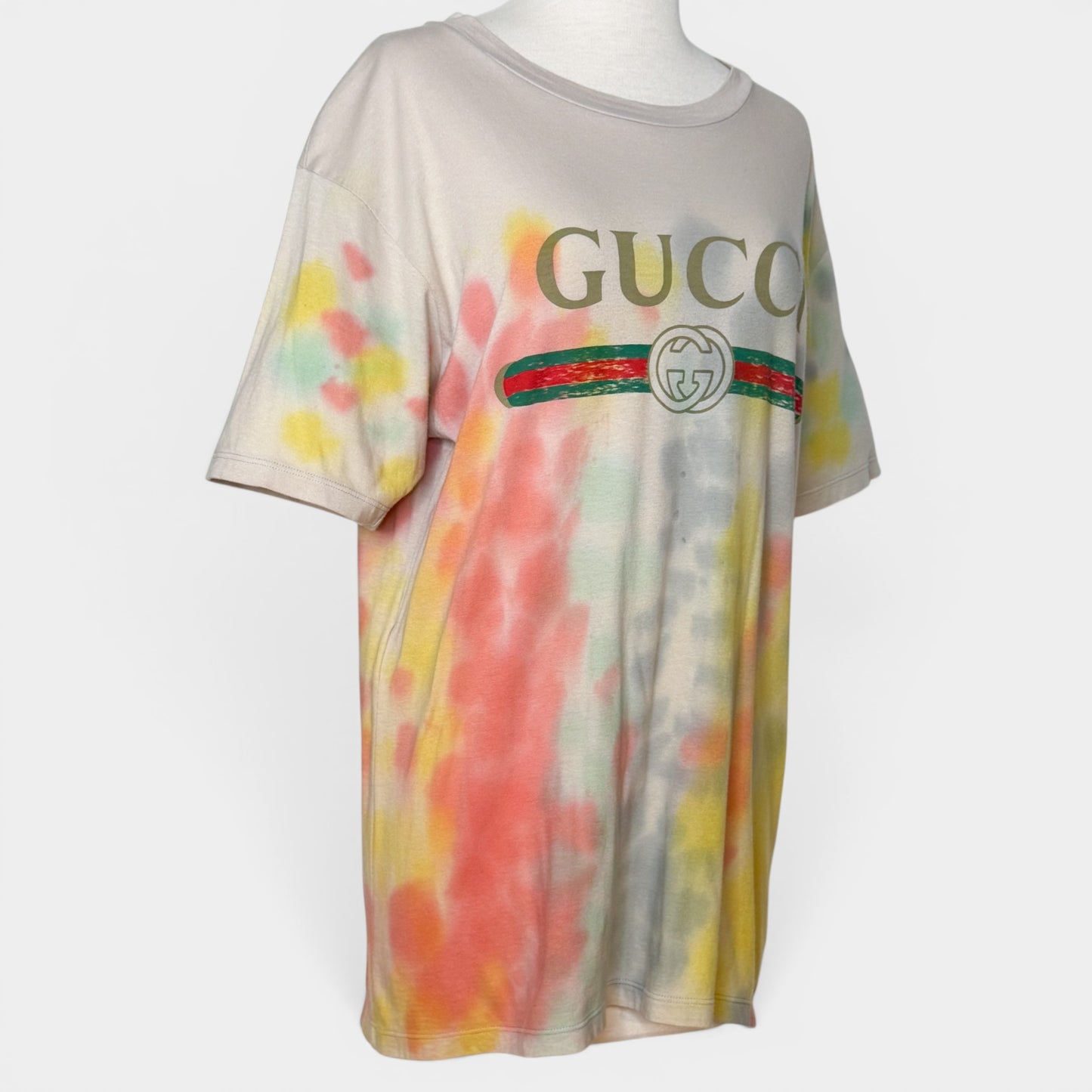Gucci Beige Multicoloured Tie Dye Cotton Logo Tee Shirt Medium ~ Large