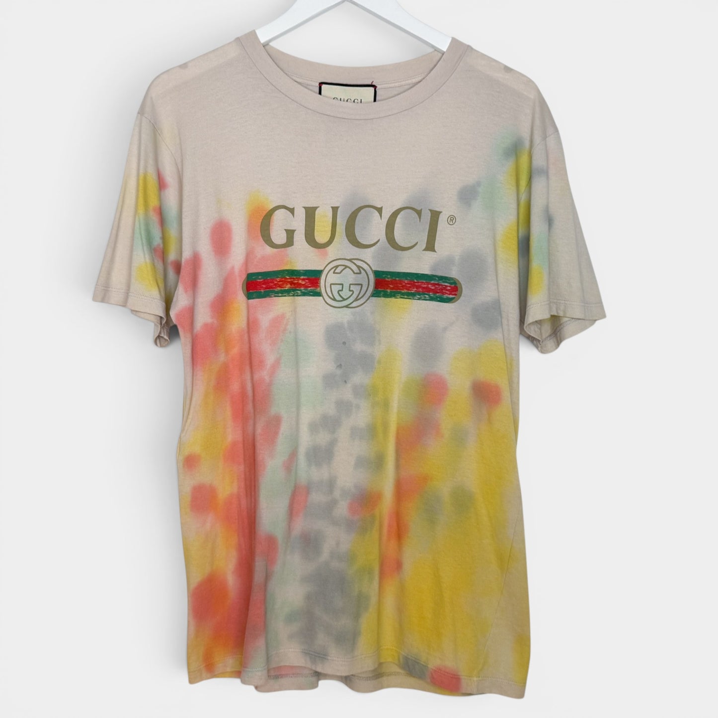 Gucci Beige Multicoloured Tie Dye Cotton Logo Tee Shirt Medium ~ Large