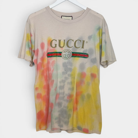 Gucci Beige Multicoloured Tie Dye Cotton Logo Tee Shirt Medium ~ Large
