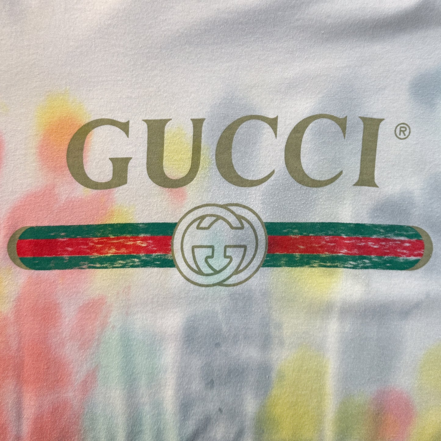 Gucci Beige Multicoloured Tie Dye Cotton Logo Tee Shirt Medium ~ Large