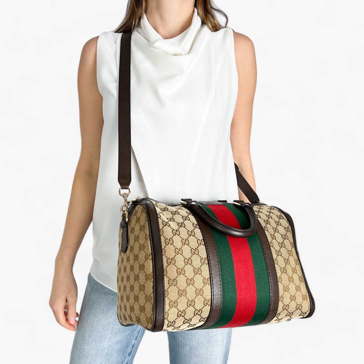 Gucci GG Canvas Leather Vintage Web Boston Bag