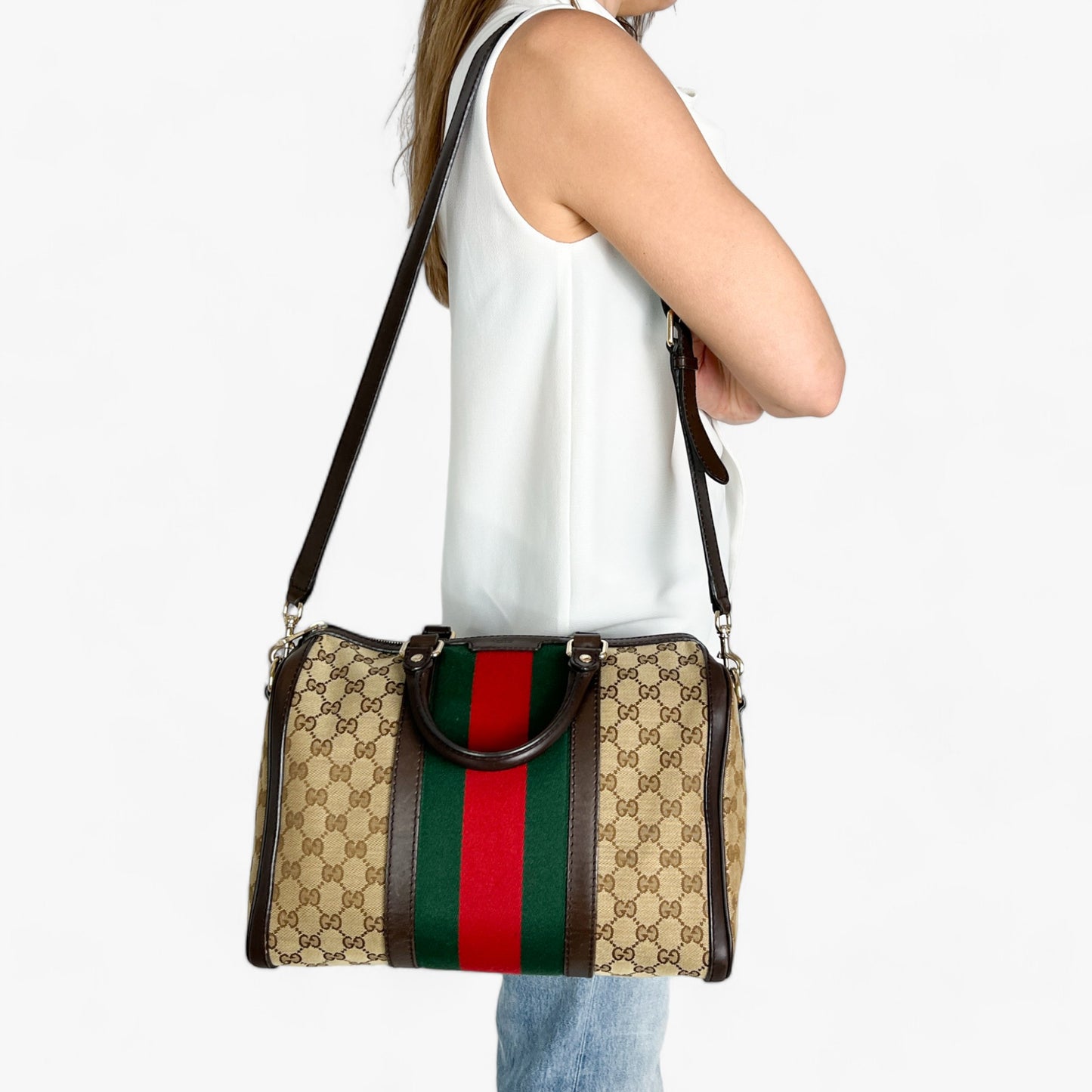 Gucci GG Canvas Leather Vintage Web Boston Bag