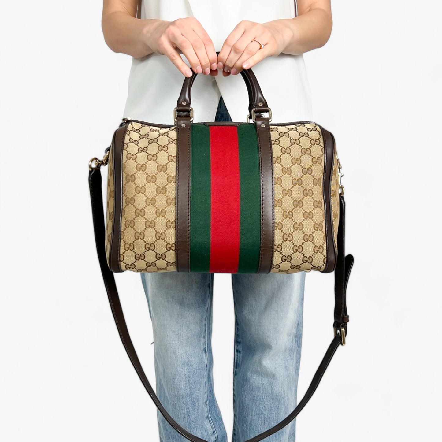 Gucci GG Canvas Leather Vintage Web Boston Bag