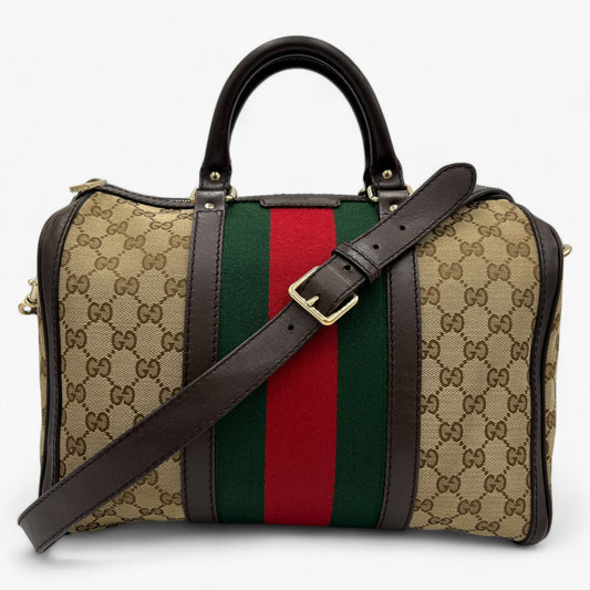 Gucci GG Canvas Leather Vintage Web Boston Bag