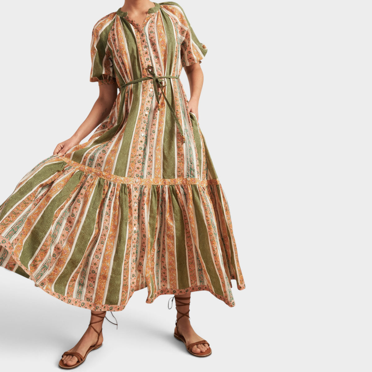 Hannah Artwear Green Orange Floral Cotton Frankie Dress 1 ~ AU8-10