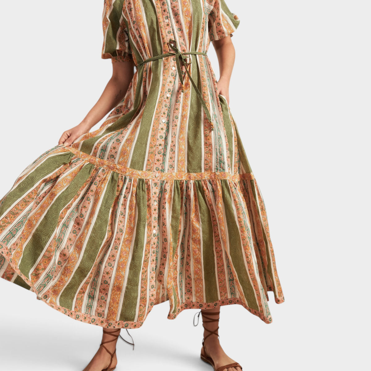 Hannah Artwear Green Orange Floral Cotton Frankie Dress 1 ~ AU8-10
