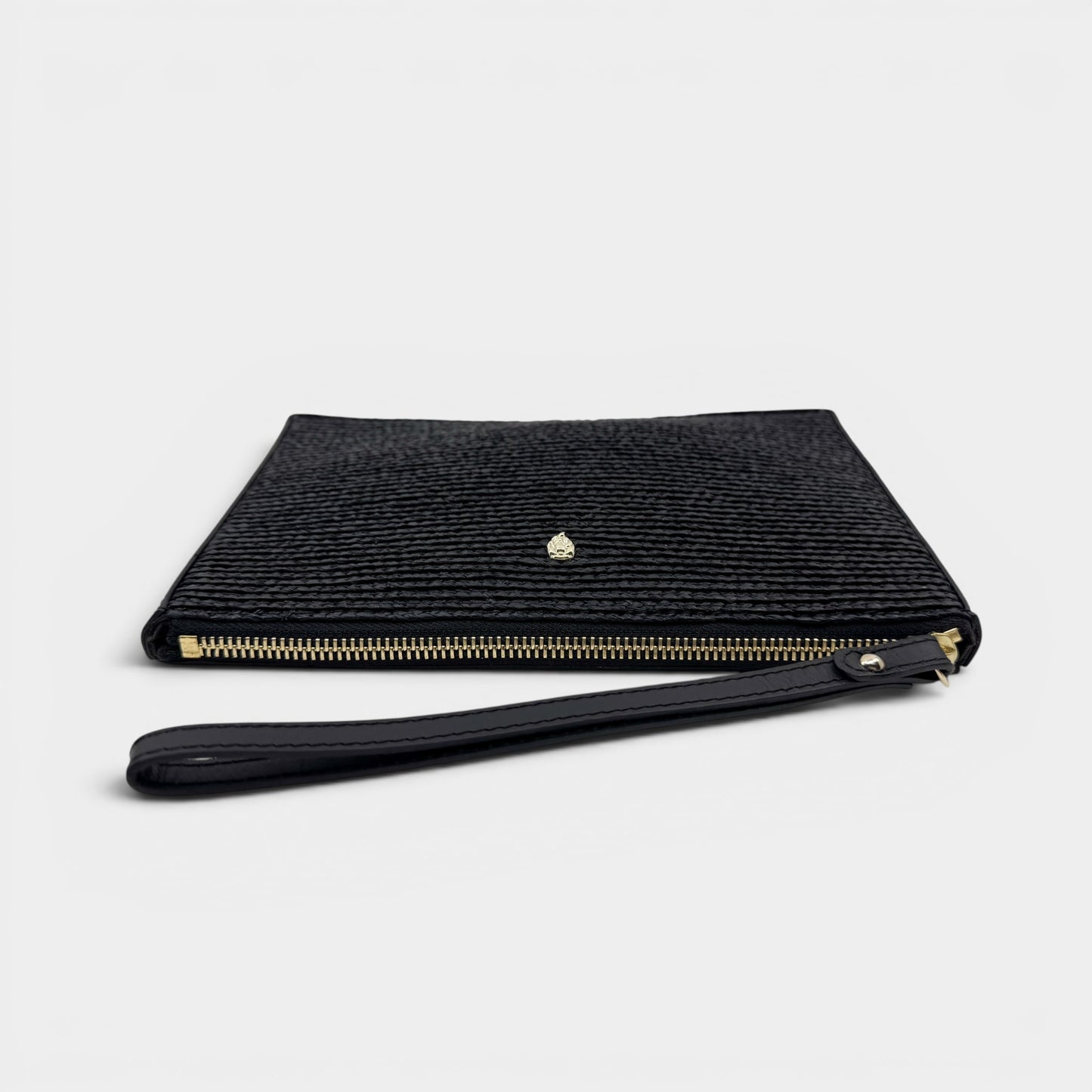 Helen Kaminski Black Leather Raffia Wristlet Clutch Bag