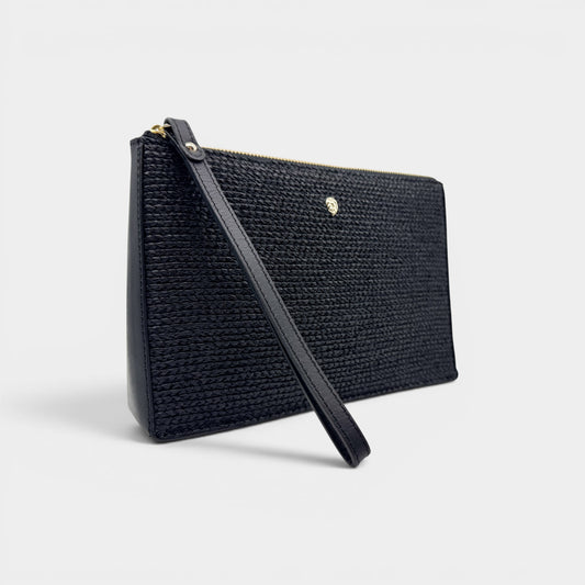 Helen Kaminski Black Leather Raffia Wristlet Clutch Bag