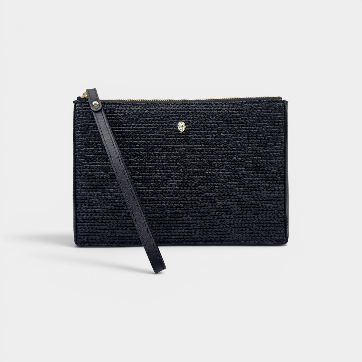 Helen Kaminski Black Leather Raffia Wristlet Clutch Bag