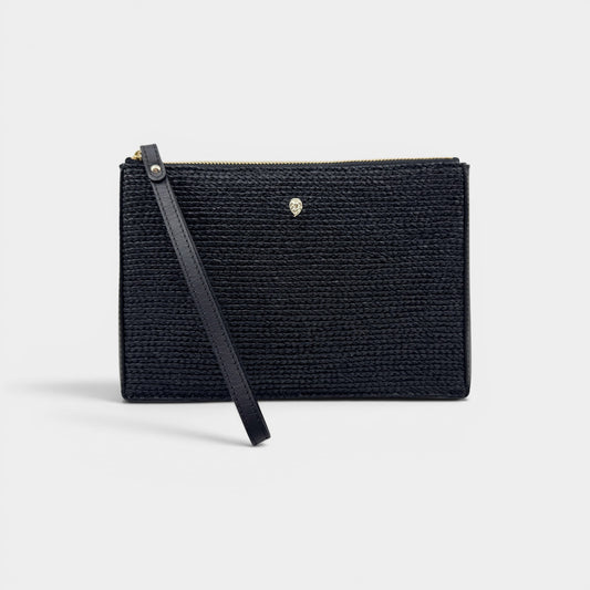 Helen Kaminski Black Leather Raffia Wristlet Clutch Bag
