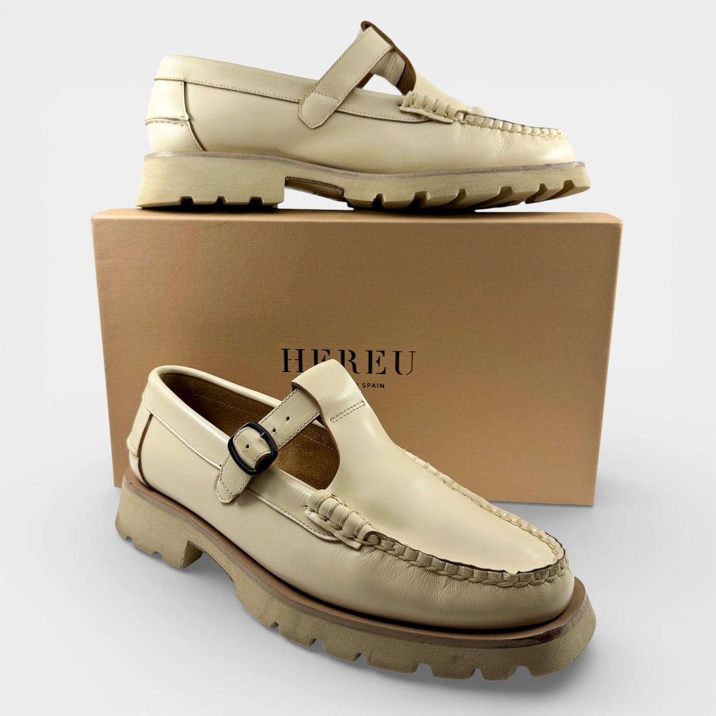 Hereu Cream Leather T- Bar Loafer Shoes EU40 ~ AU9