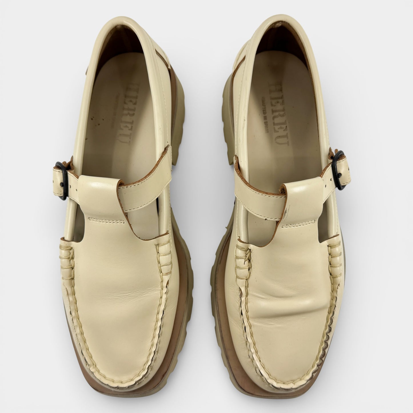 Hereu Cream Leather T- Bar Loafer Shoes EU40 ~ AU9