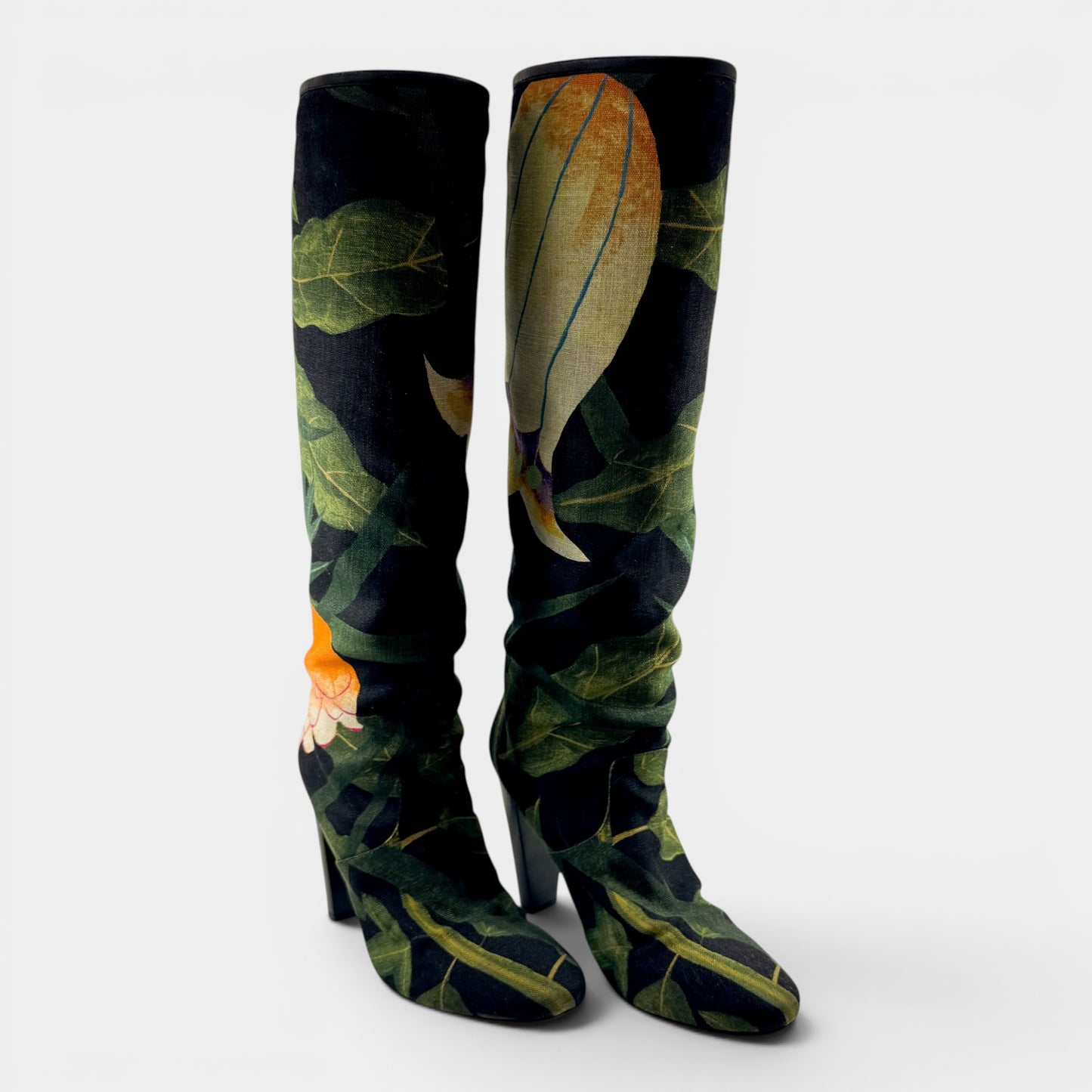 Hermès Green Floral Linen & Leather Lined Long Boots EU39.5 ~ AU8.5