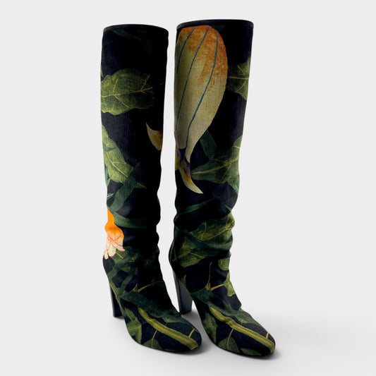 Hermès Green Floral Linen & Leather Lined Long Boots EU39.5 ~ AU8.5