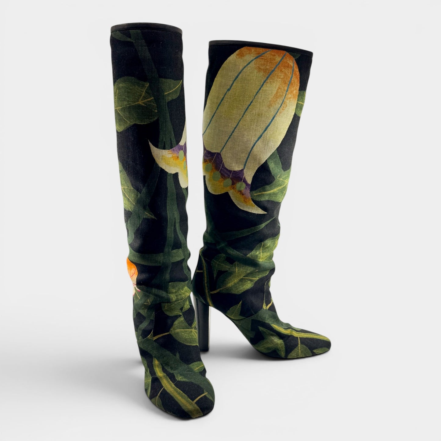 Hermès Green Floral Linen & Leather Lined Long Boots EU39.5 ~ AU8.5