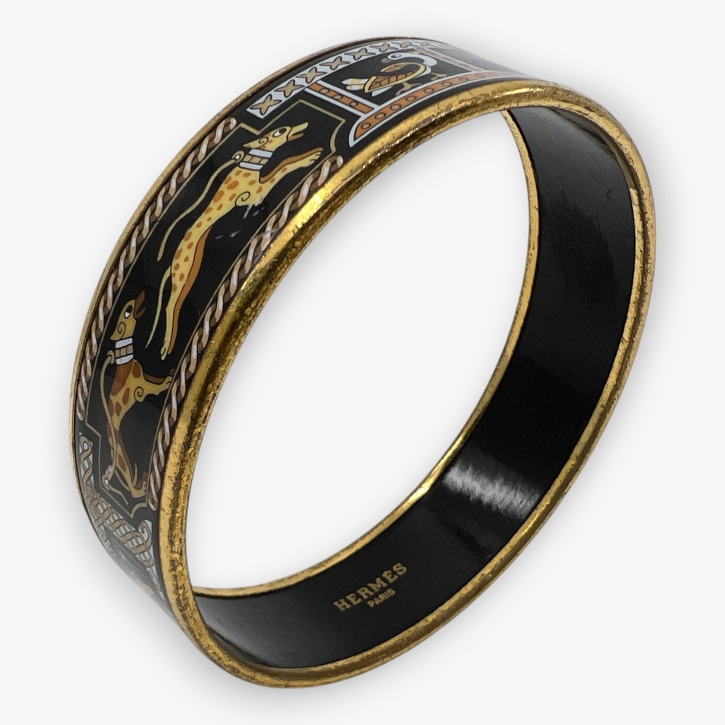 Hermès Grand Apparat Black Enamel Cloisonne Lévriers Bangle Bracelet [67 mm]