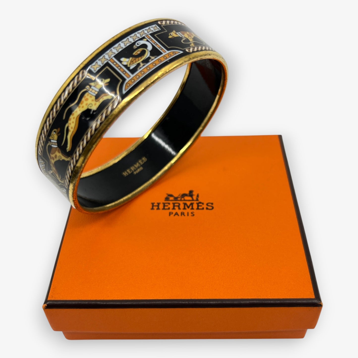 Hermès Grand Apparat Black Enamel Cloisonne Lévriers Bangle Bracelet [67 mm]