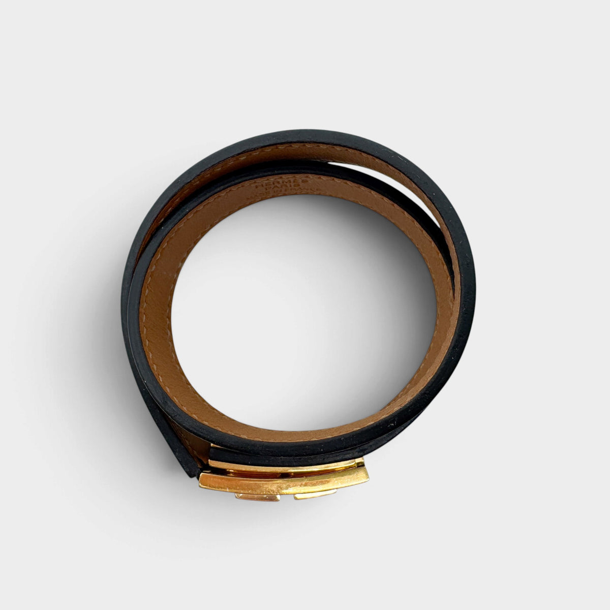 Hermes Behapi Double Tour Black Leather Gold H Clasp Wrap Bracelet