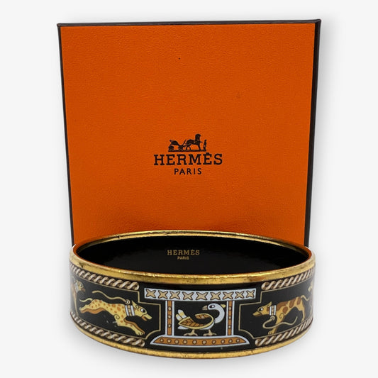 Hermès Grand Apparat Black Enamel Cloisonne Lévriers Bangle Bracelet [67 mm]