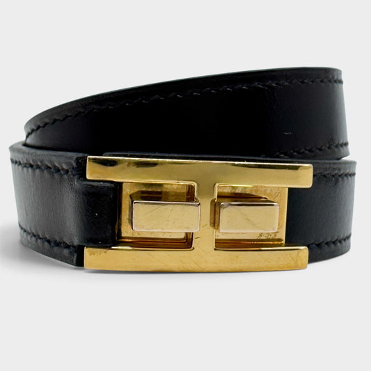 Hermes Behapi Double Tour Black Leather Gold H Clasp Wrap Bracelet