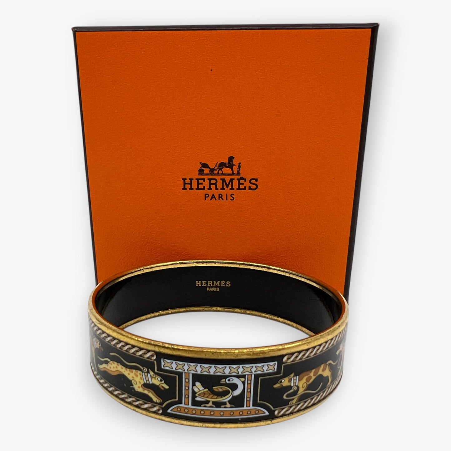 Hermès Grand Apparat Black Enamel Cloisonne Lévriers Bangle Bracelet [67 mm]