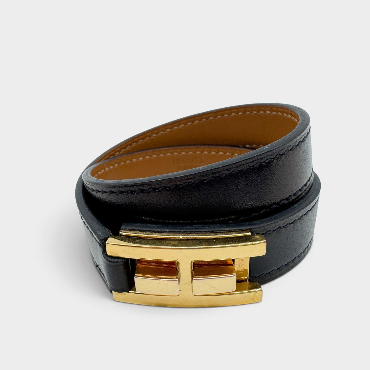 Hermes Behapi Double Tour Black Leather Gold H Clasp Wrap Bracelet
