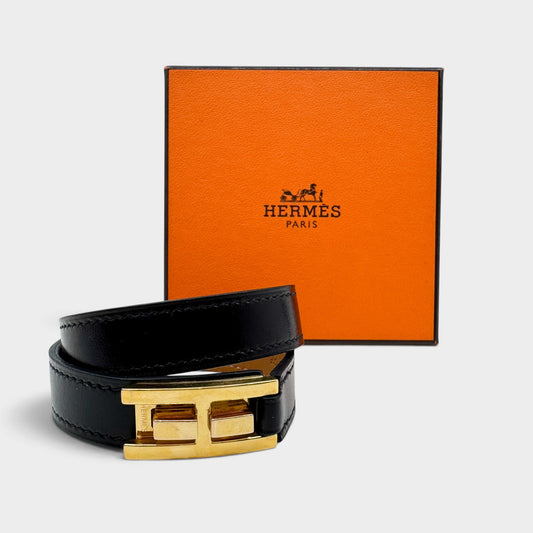 Hermes Behapi Double Tour Black Leather Gold H Clasp Wrap Bracelet