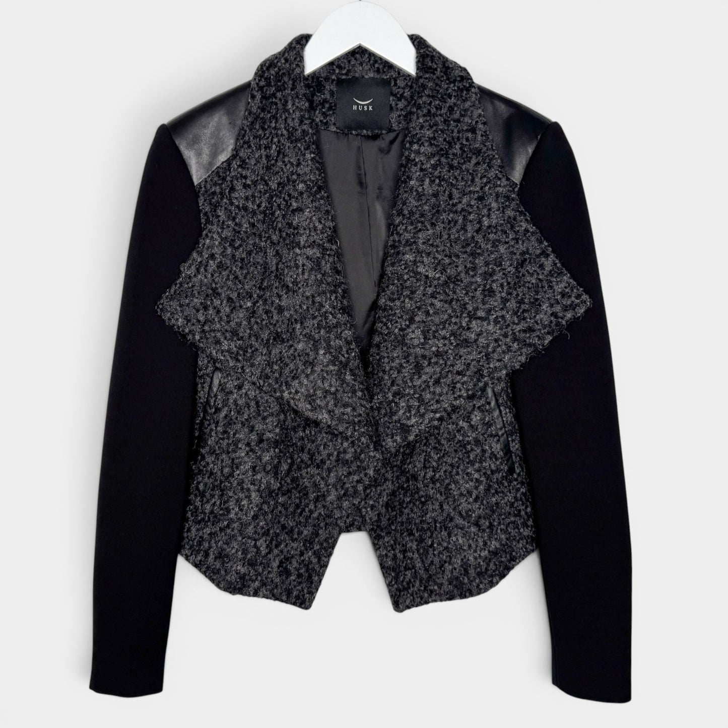 Husk Grey Black Leather & Boucle Wool Jacket 3 ~ AU8-10