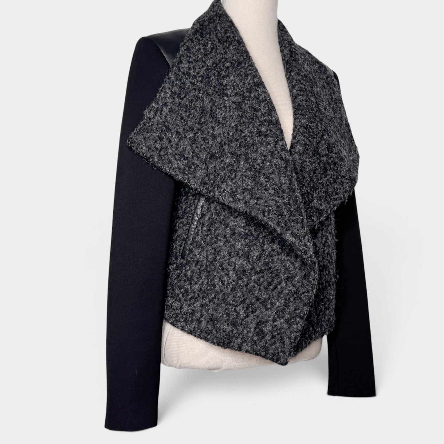 Husk Grey Black Leather & Boucle Wool Jacket 3 ~ AU8-10