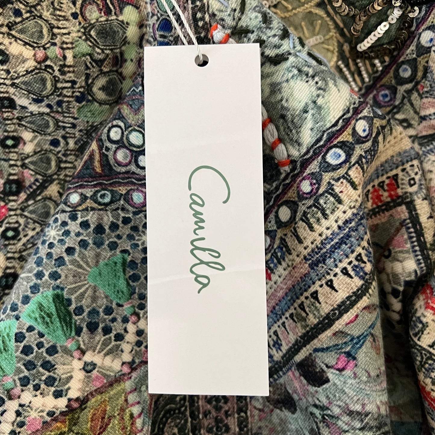 Camilla 'Mamas Home' Multicoloured Waterfall Lapel Jacket Large ~ AU14  [NEW]