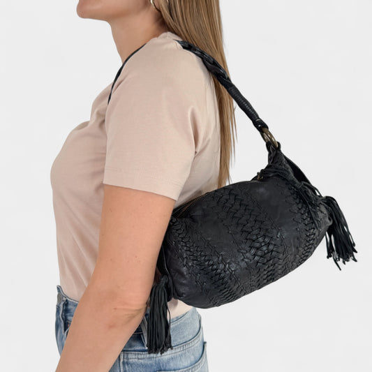 Isabella Fiore Black Woven Leather Tassel Boho Shoulder Bag