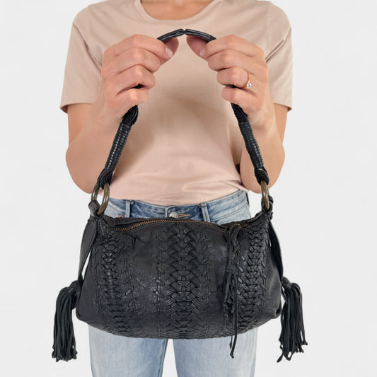 Isabella Fiore Black Woven Leather Tassel Boho Shoulder Bag