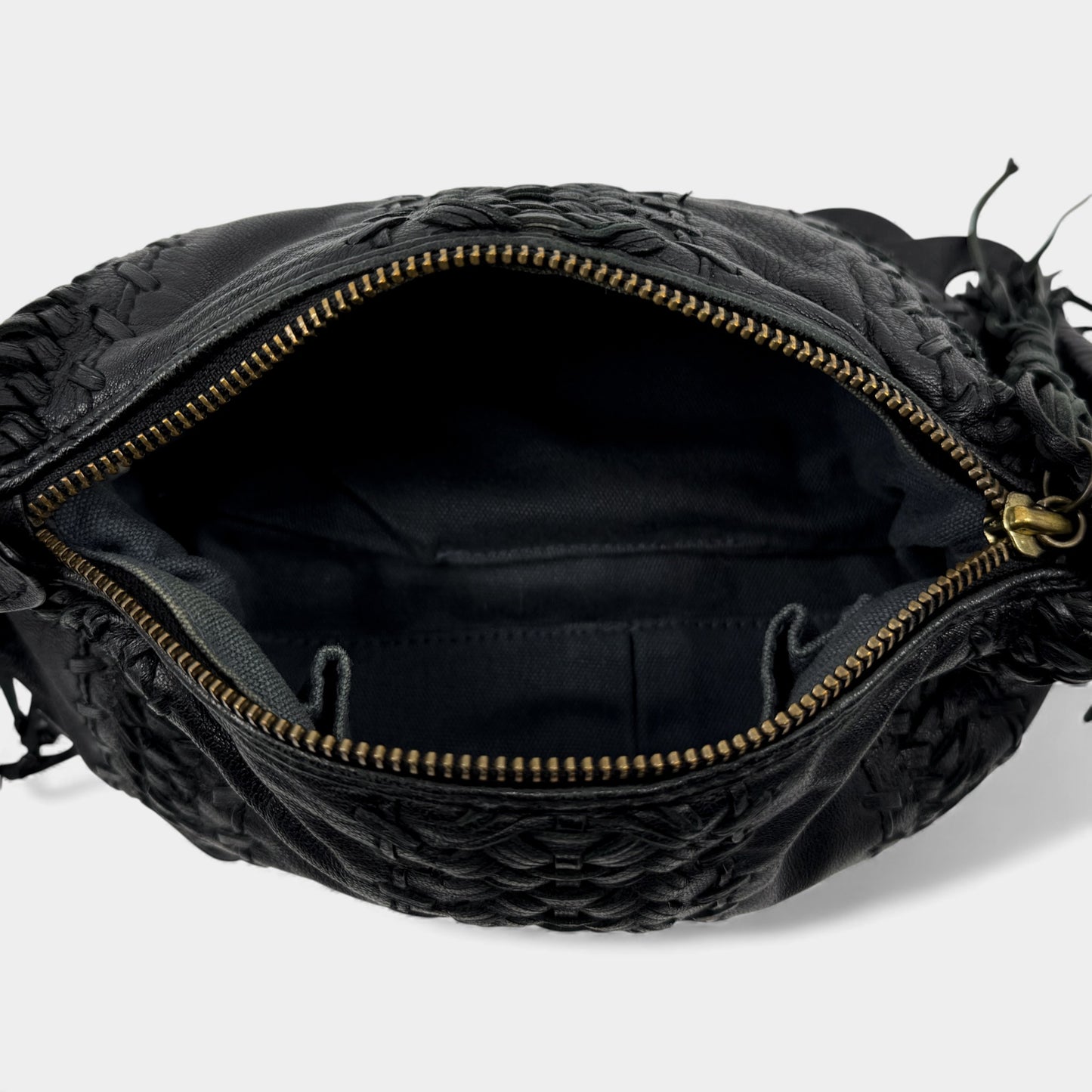 Isabella Fiore Black Woven Leather Tassel Boho Shoulder Bag