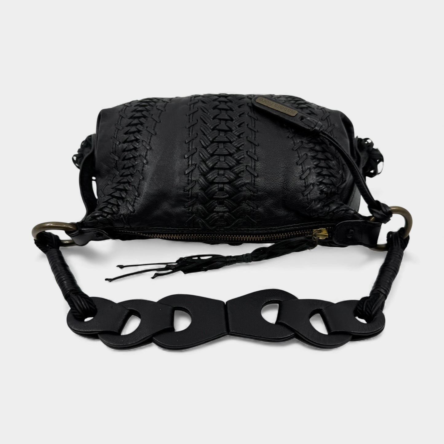 Isabella Fiore Black Woven Leather Tassel Boho Shoulder Bag