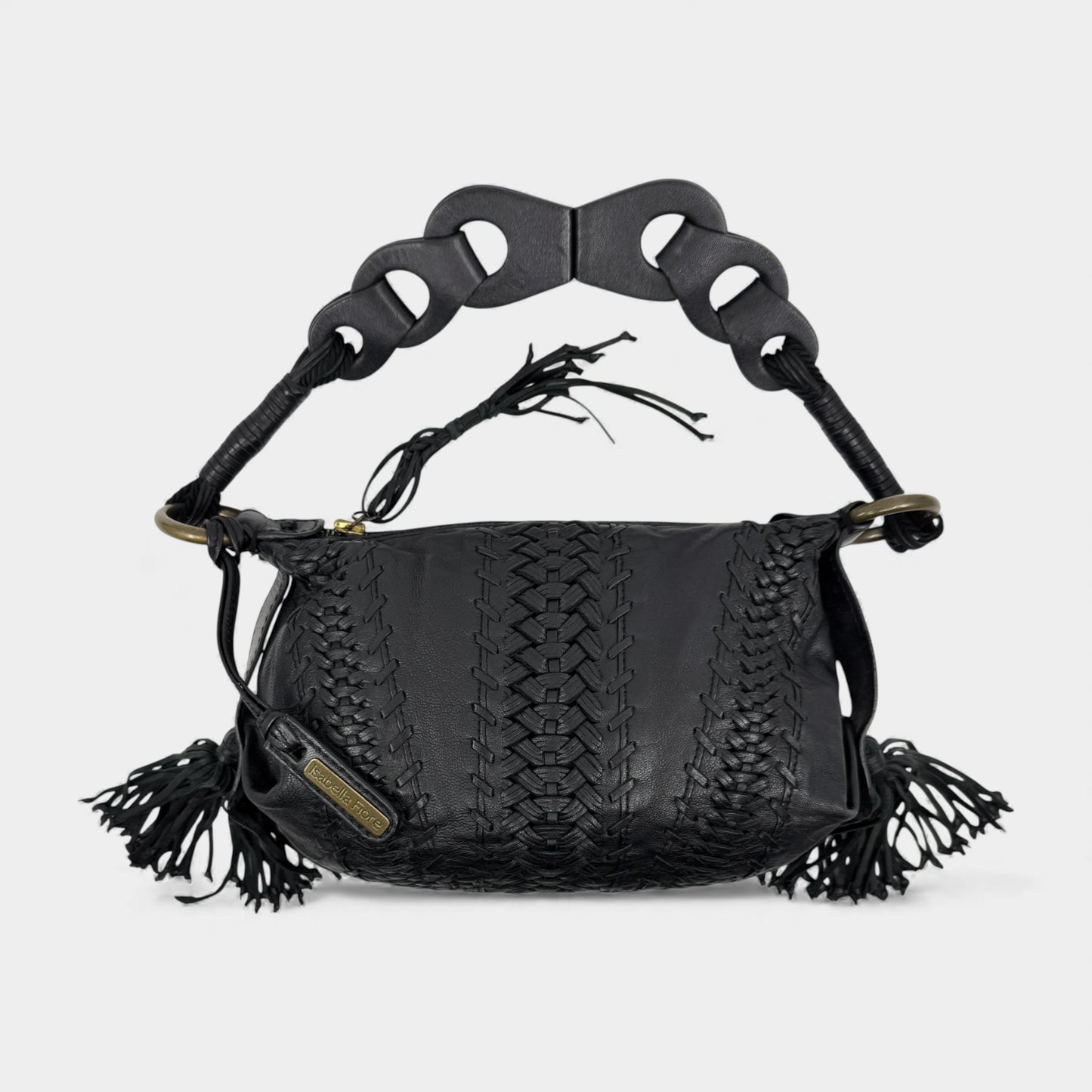 Isabella Fiore Black Woven Leather Tassel Boho Shoulder Bag