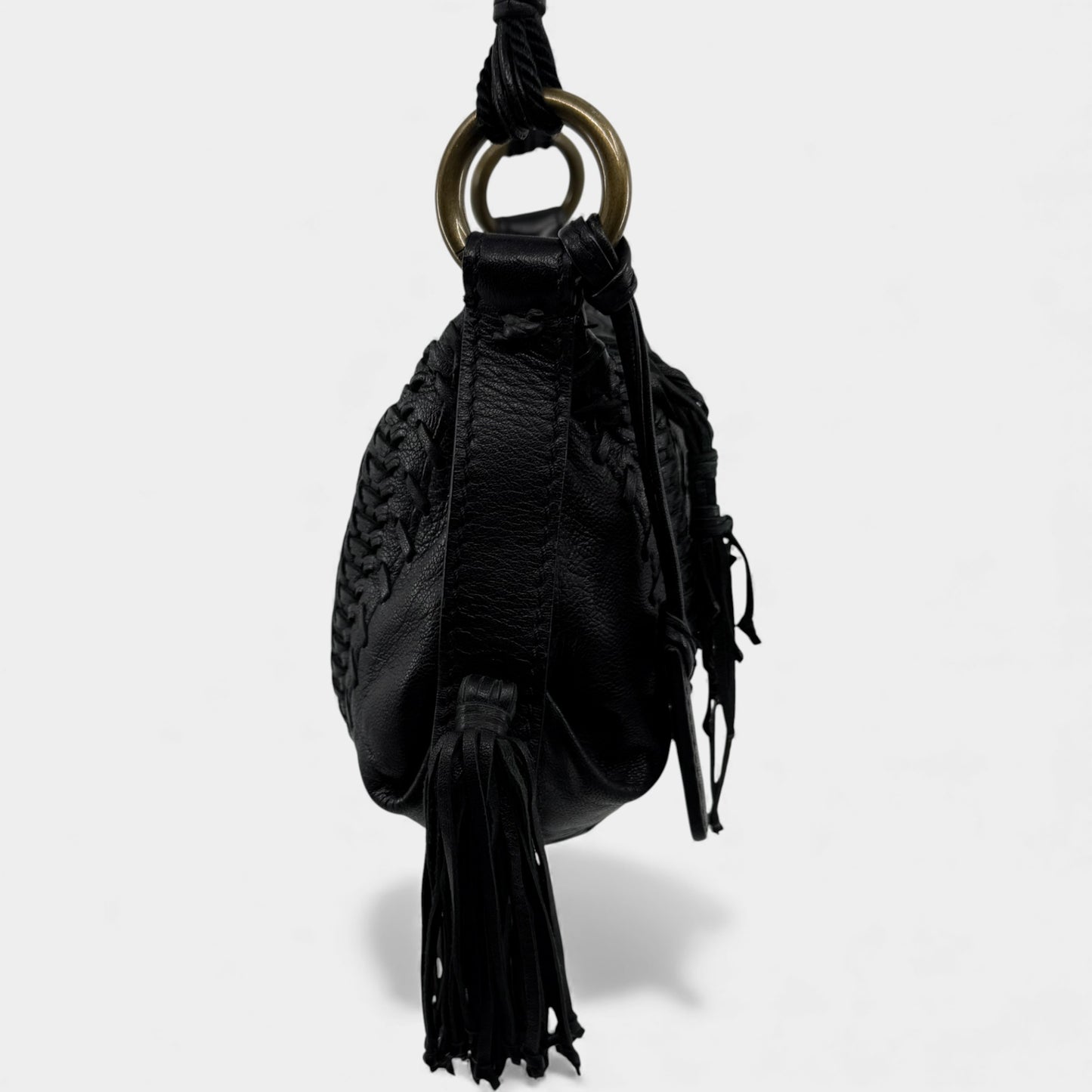 Isabella Fiore Black Woven Leather Tassel Boho Shoulder Bag