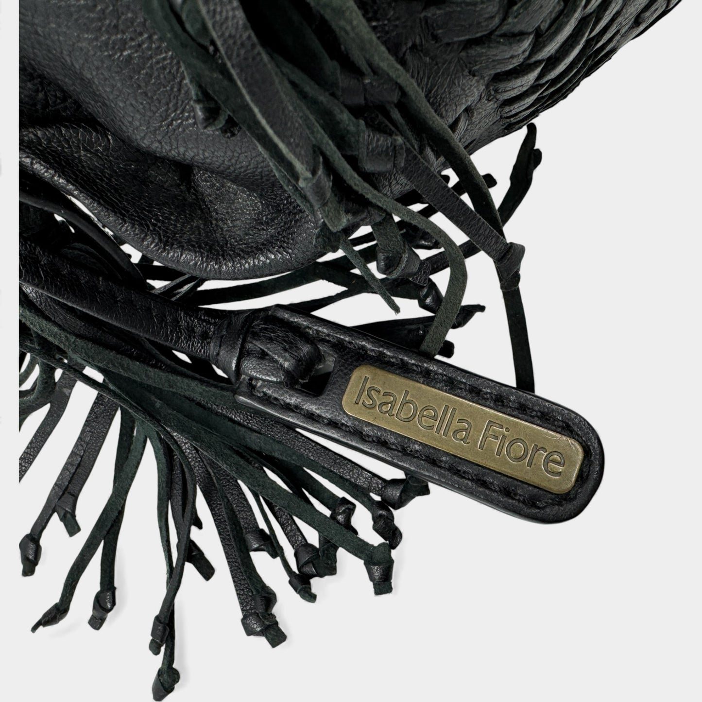 Isabella Fiore Black Woven Leather Tassel Boho Shoulder Bag