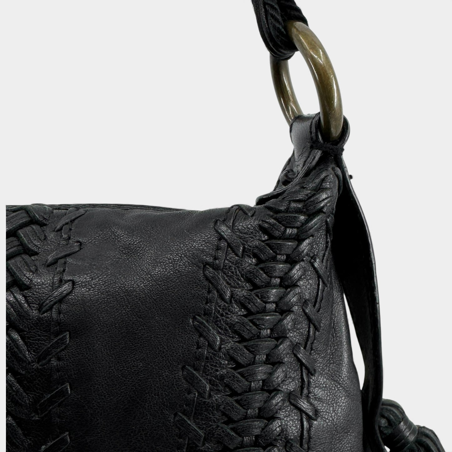 Isabella Fiore Black Woven Leather Tassel Boho Shoulder Bag