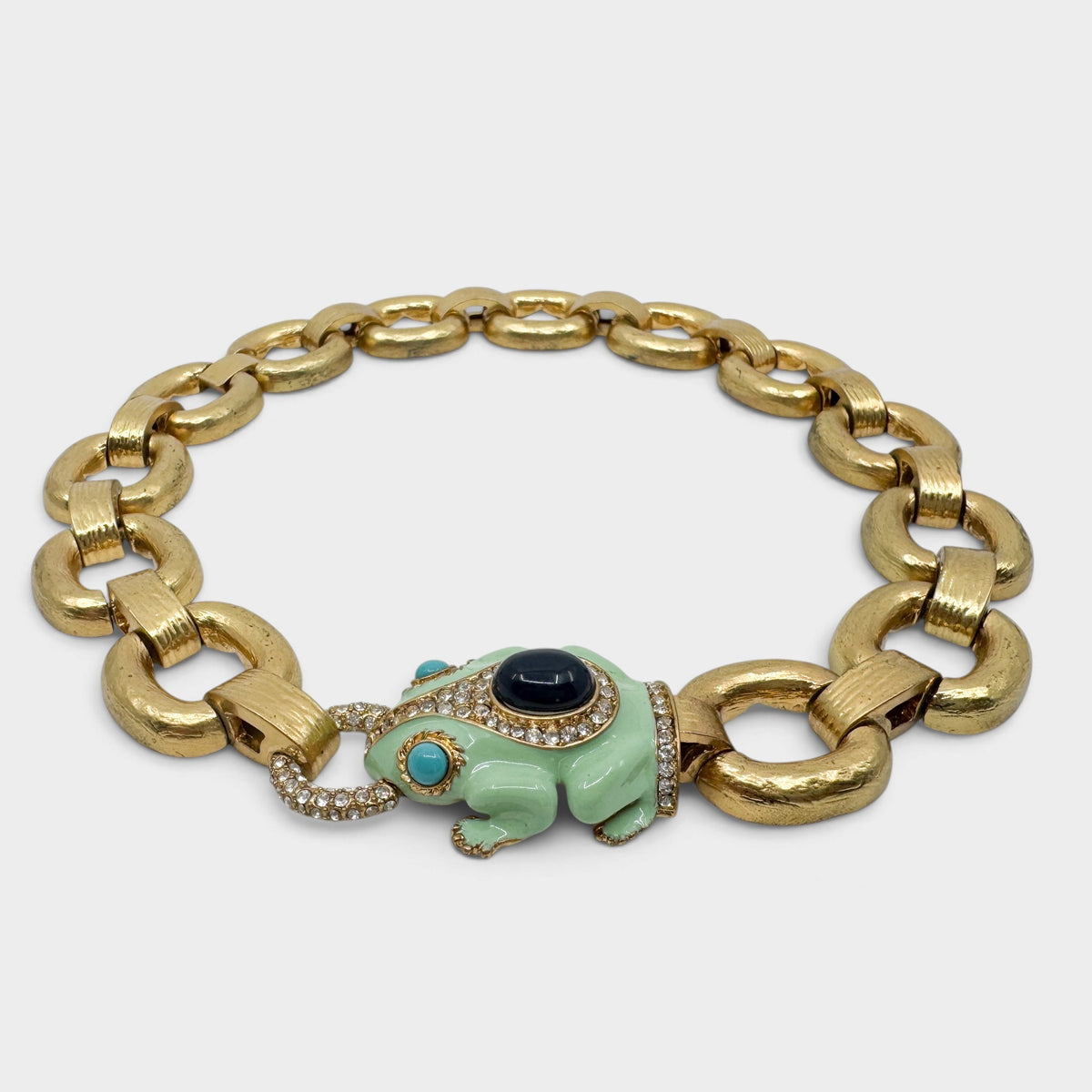 J.Crew Y2K Mint Green Enamel Frog Crystal Chunky Gold Link Statement Necklace